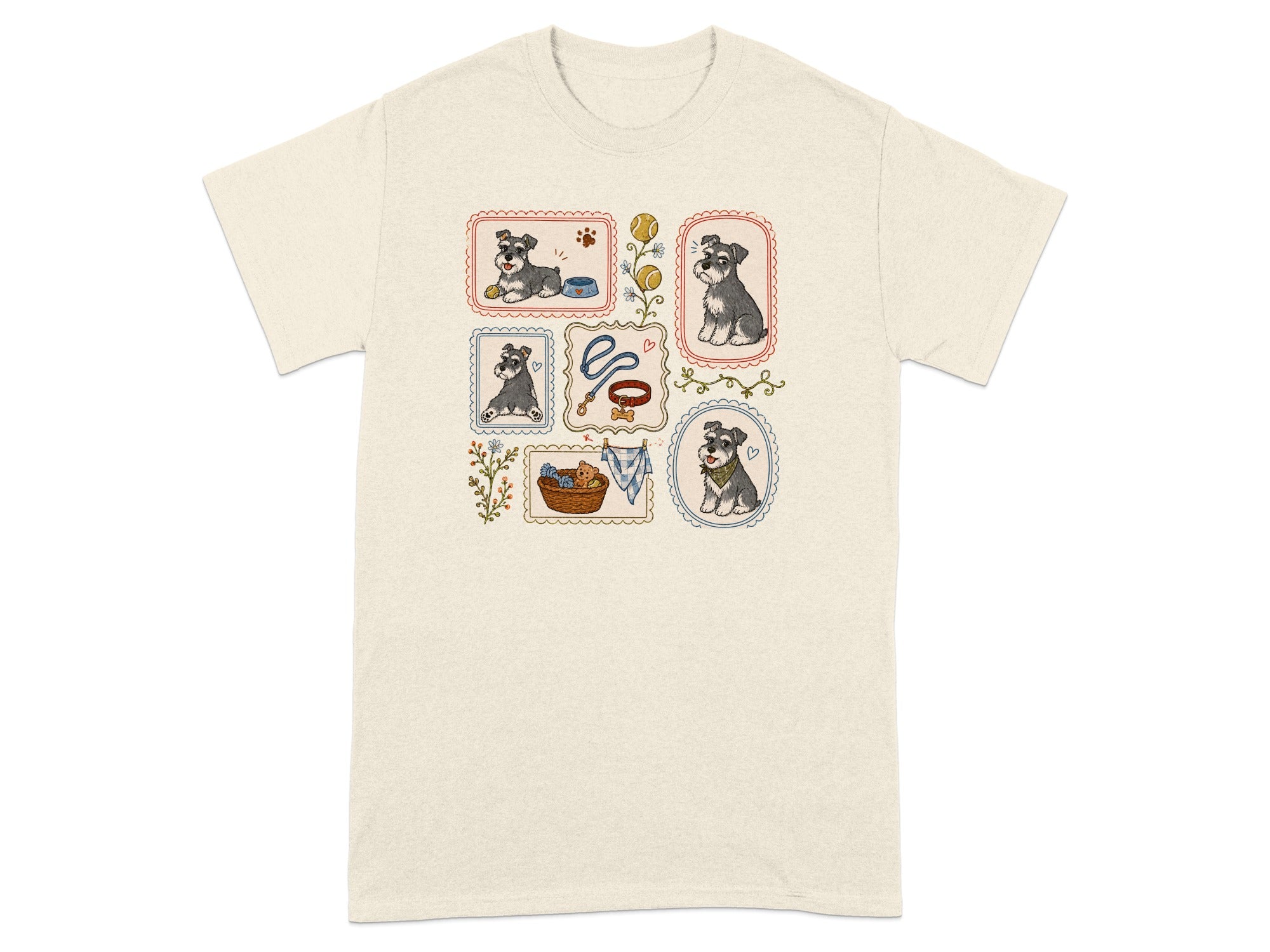 T-shirt with framed illustrations of schnauzer dogs and dog accessories.