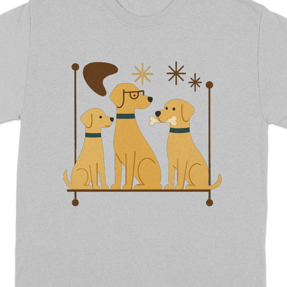 Three cartoon dogs sit on a shelf, one wearing glasses and another with a bone.