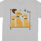 Three cartoon dogs sit on a shelf, one wearing glasses and another with a bone.