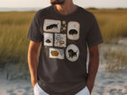 Dark t-shirt with a collage of six framed illustrations of dachshunds and dog accessories.