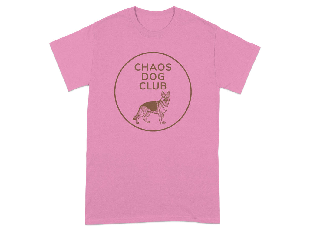 Pink t-shirt with "Chaos Dog Club" text and a German Shepherd graphic.