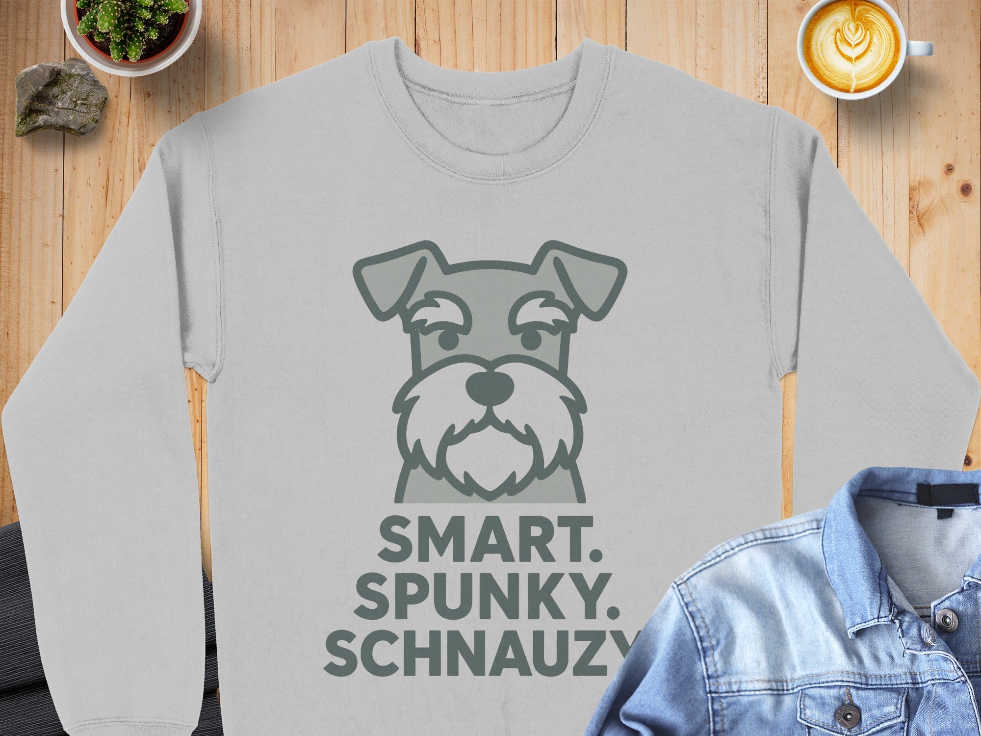 Gray sweatshirt with "SMART. SPUNKY. SCHNAUZY." text and schnauzer graphic.