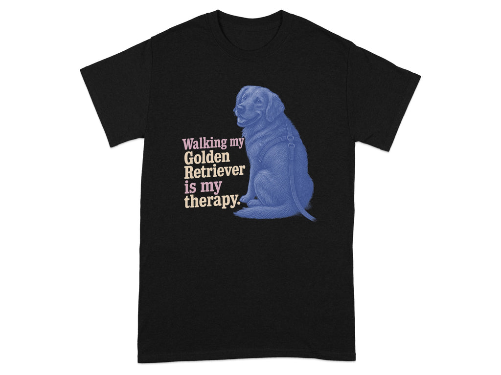 Black t-shirt with blue Golden Retriever graphic and text.
