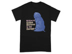Black t-shirt with blue Golden Retriever graphic and text.