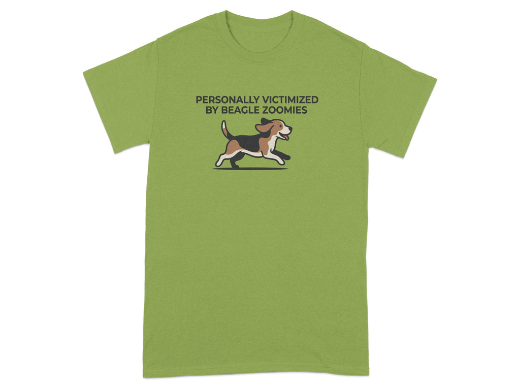Green t-shirt with cartoon beagle running and text "PERSONALLY VICTIMIZED BY BEAGLE ZOOMIES".