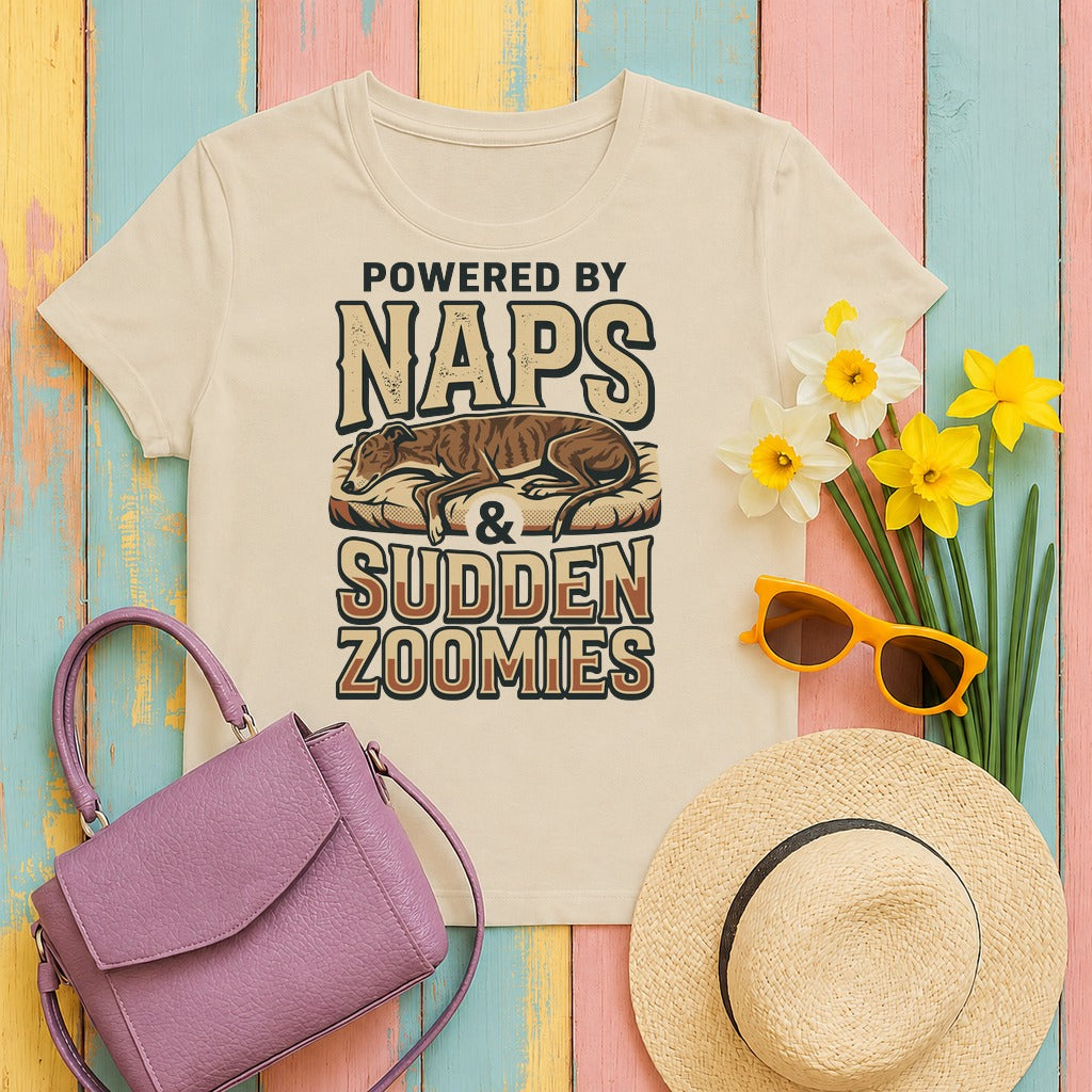 migbackfill powered-by-naps-zoomies-greyhound-t-shirt tee flat lay hero v8