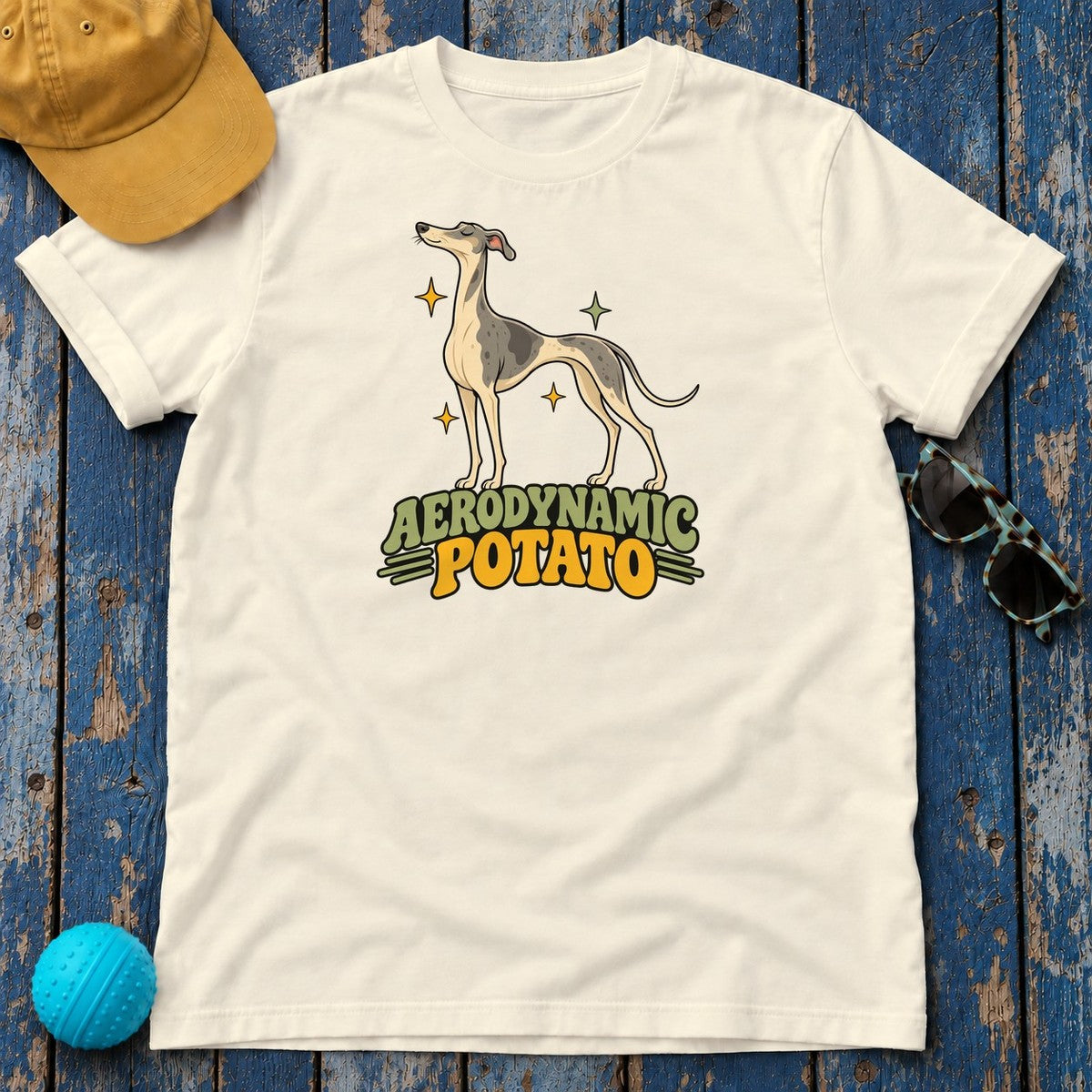 Aerodynamic Potato Greyhound T-Shirt in Natural - flat lay
