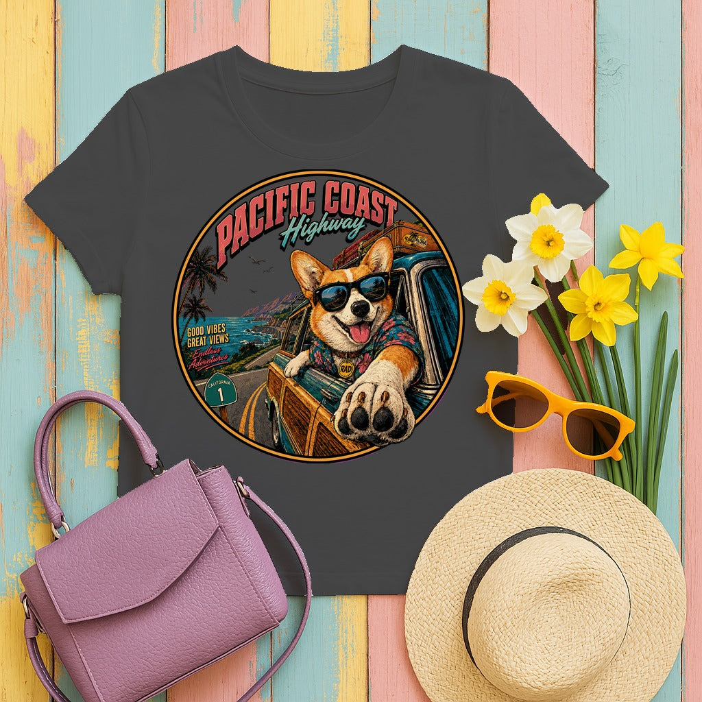 Pacific Coast Corgi Road Trip T-Shirt in Dark Heather
