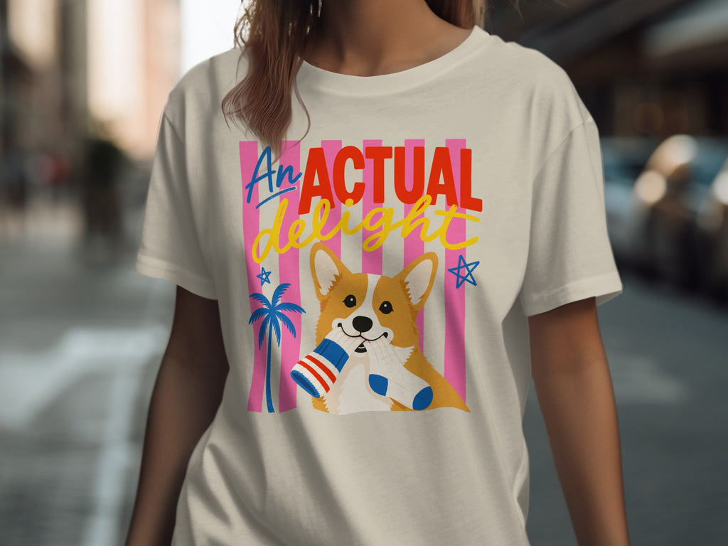 Corgi wearing socks and holding a rolled-up sock, text "An Actual Delight".