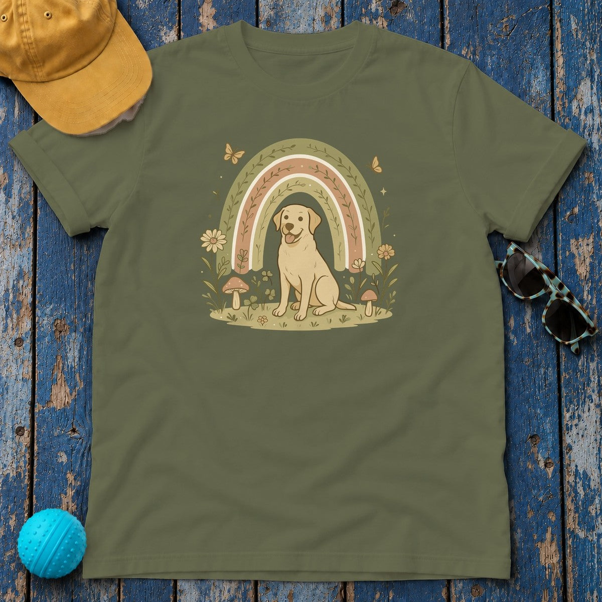 Adorable Labrador in Garden with Rainbow Graphic T-Shirt in Military Green