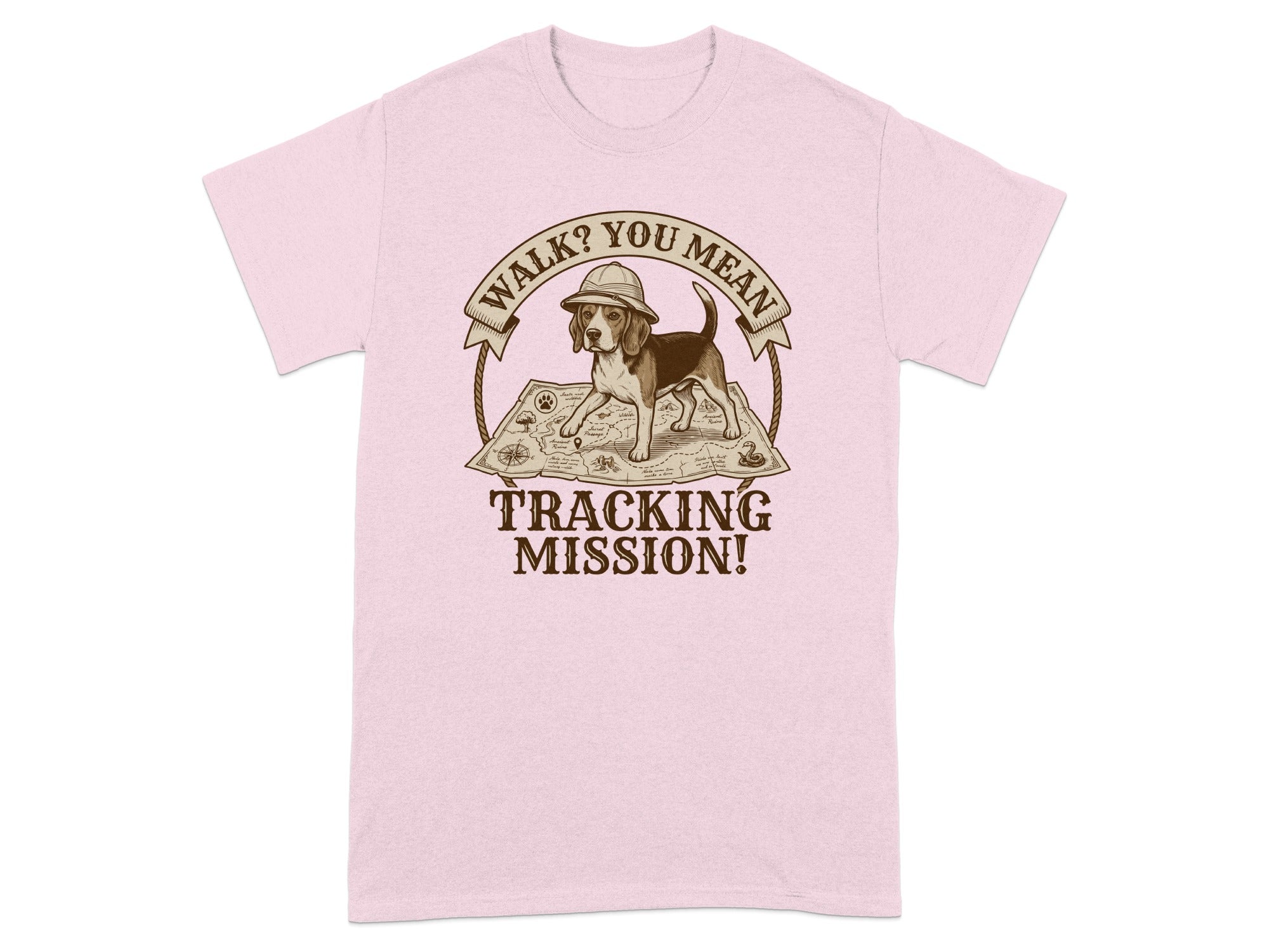Beagle wearing a hat on a map, text "WALK? YOU MEAN TRACKING MISSION!".