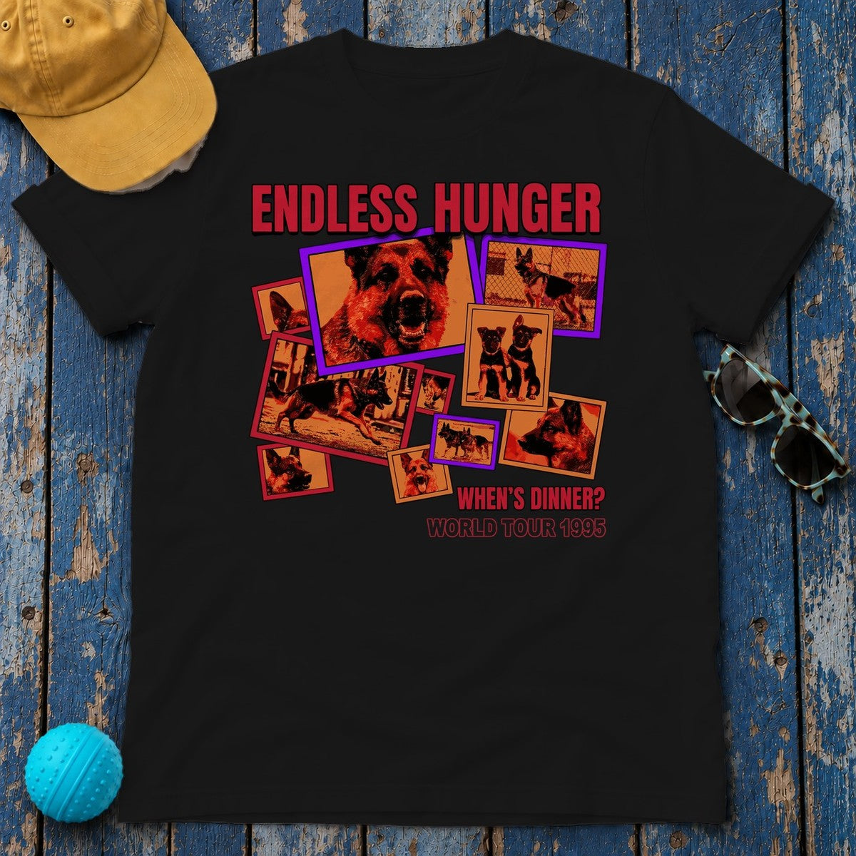 Endless Hunger Whens Dinner? German Shepherd World Tour 1995 Graphic T-Shirt in Black