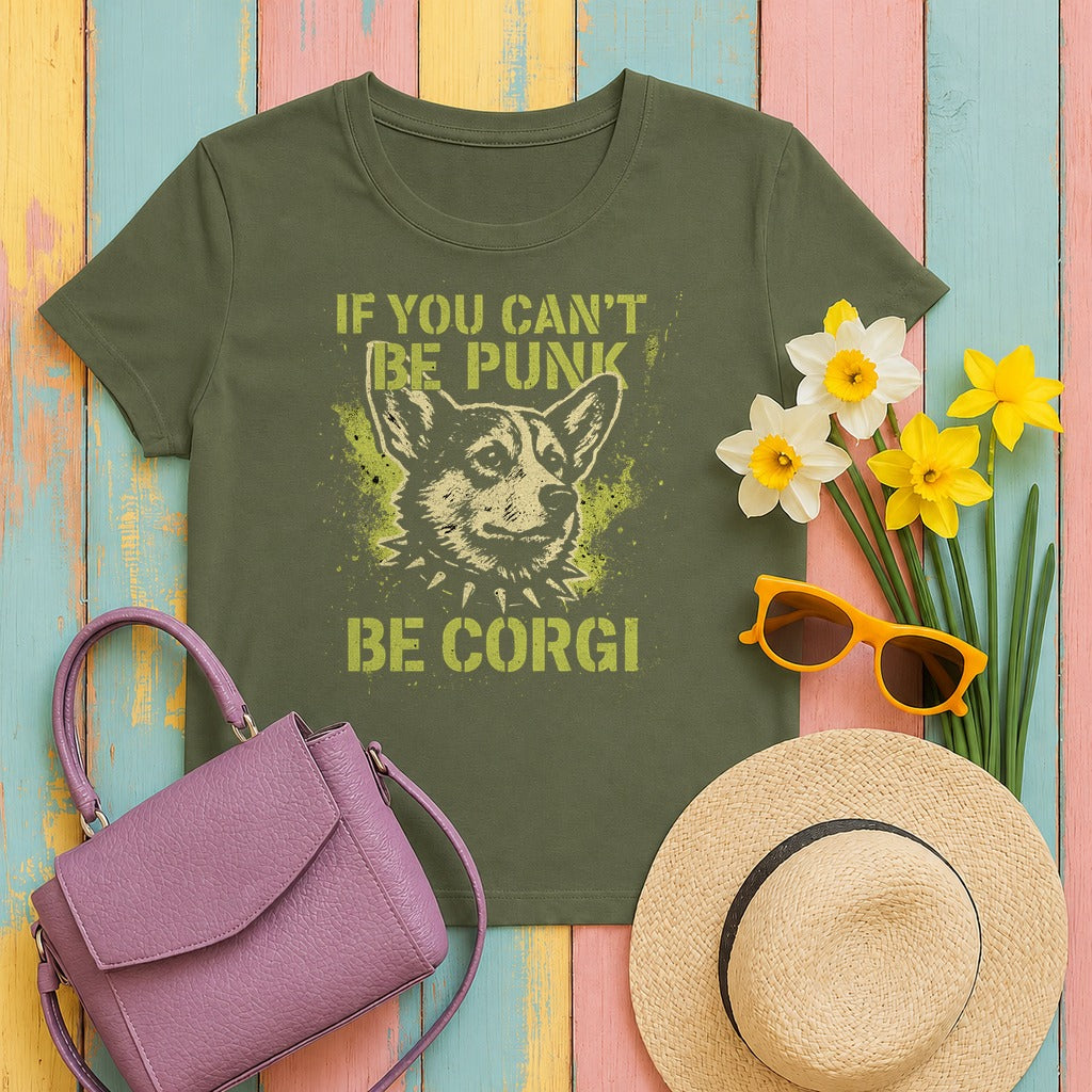 If You Can't Be Punk Be Corgi Art Design T-Shirt in Military Green