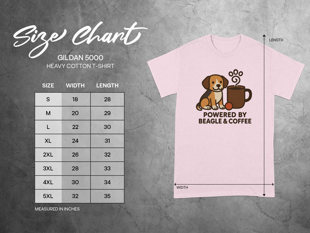 Gildan 5000 heavy cotton t-shirt size chart with graphic of beagle and coffee.