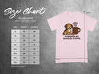 Gildan 5000 heavy cotton t-shirt size chart with graphic of beagle and coffee.