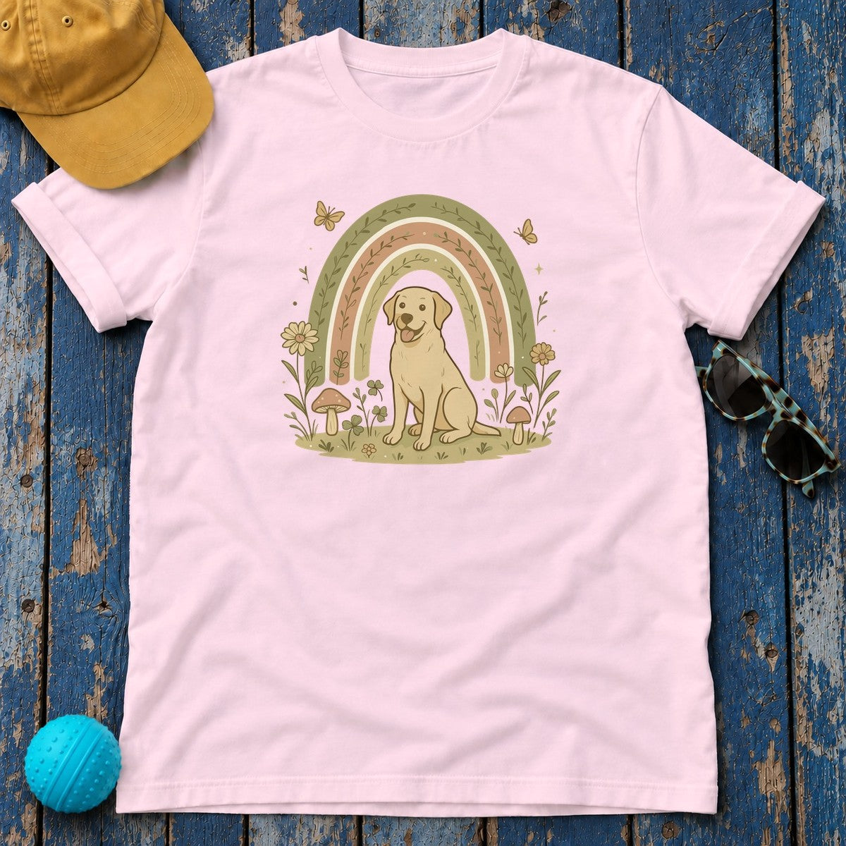 Adorable Labrador in Garden with Rainbow Graphic T-Shirt in Light Pink