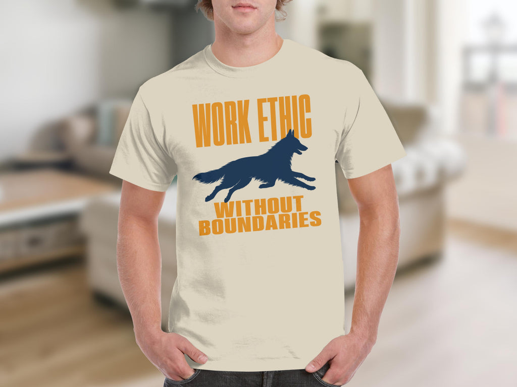 T-shirt with "WORK ETHIC WITHOUT BOUNDARIES" text and a running dog graphic.