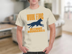 T-shirt with "WORK ETHIC WITHOUT BOUNDARIES" text and a running dog graphic.