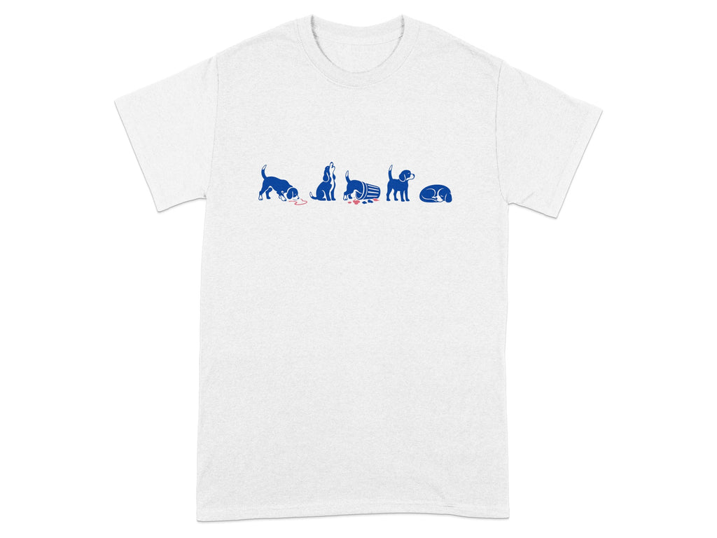 White t-shirt with blue cartoon dogs in various playful poses.