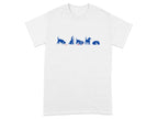 White t-shirt with blue cartoon dogs in various playful poses.