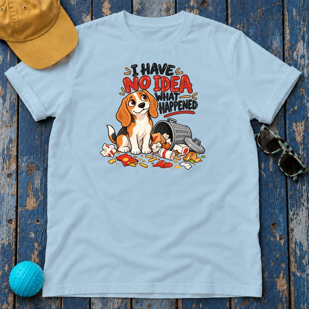 I Have No Idea What Happened Beagle T-Shirt in Light Blue - flat lay