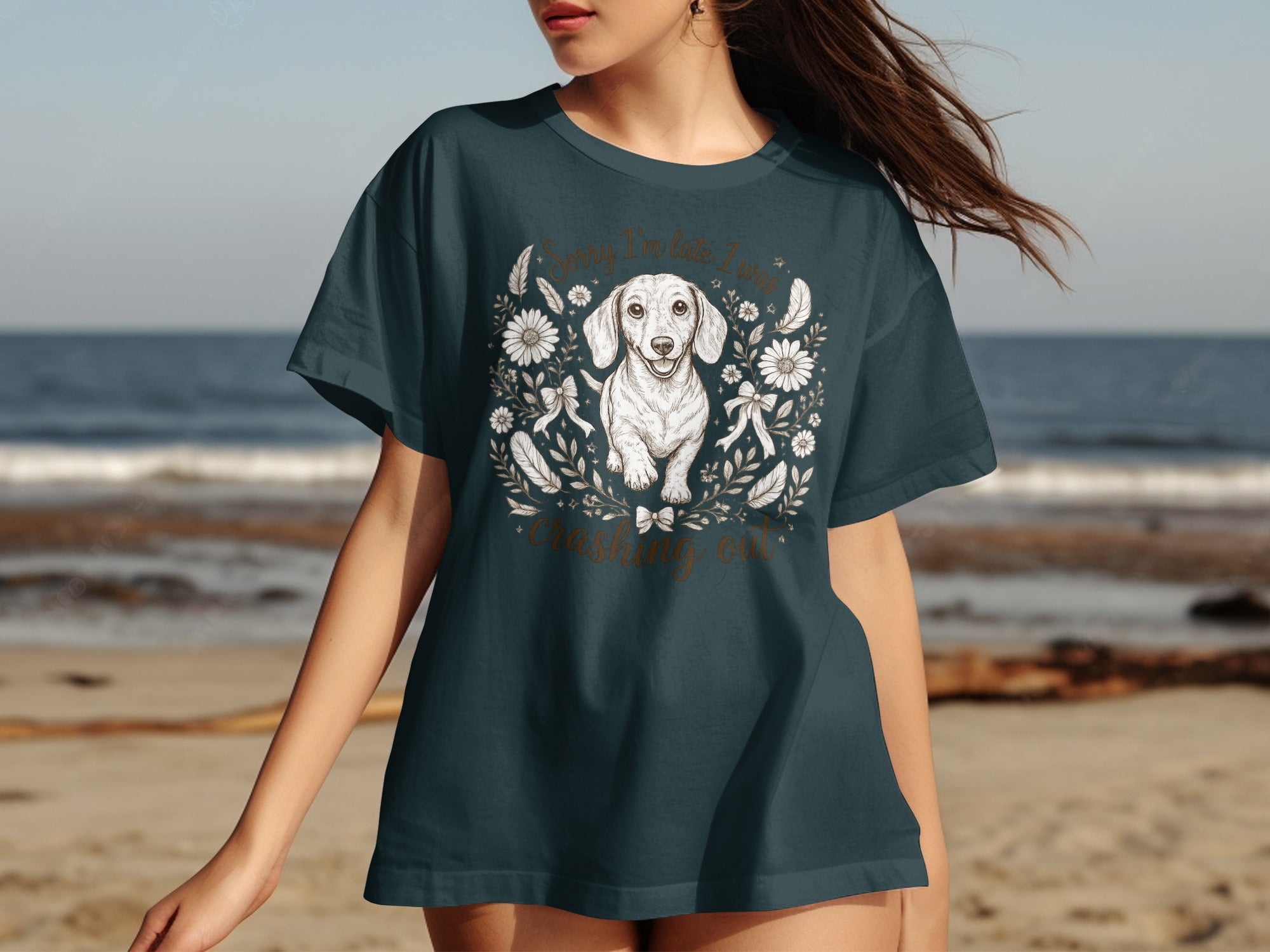 Dachshund graphic t-shirt with text "Sorry I'm late, I was crashing out."