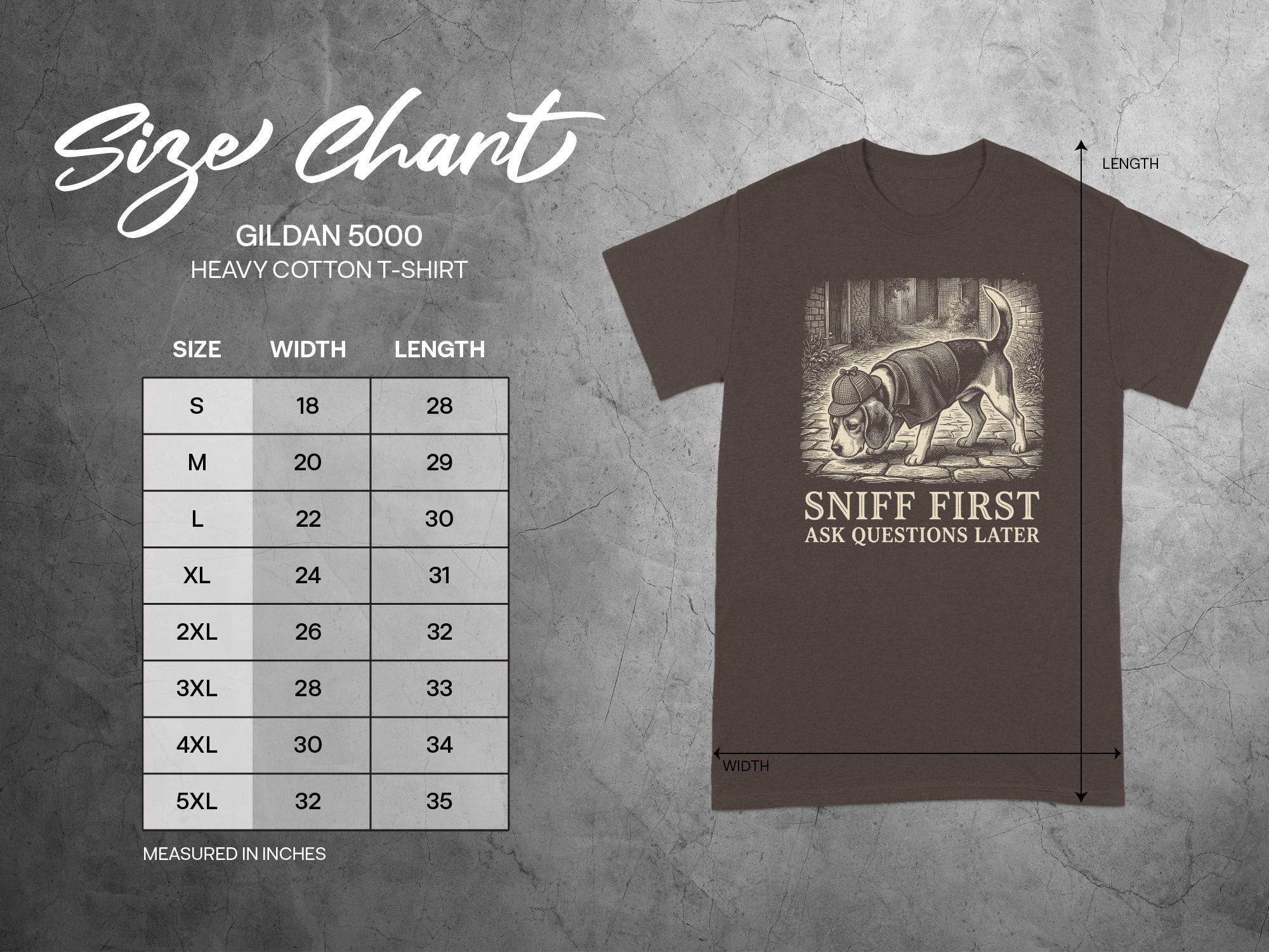 Gildan 5000 Heavy Cotton t-shirt size chart with graphic.
