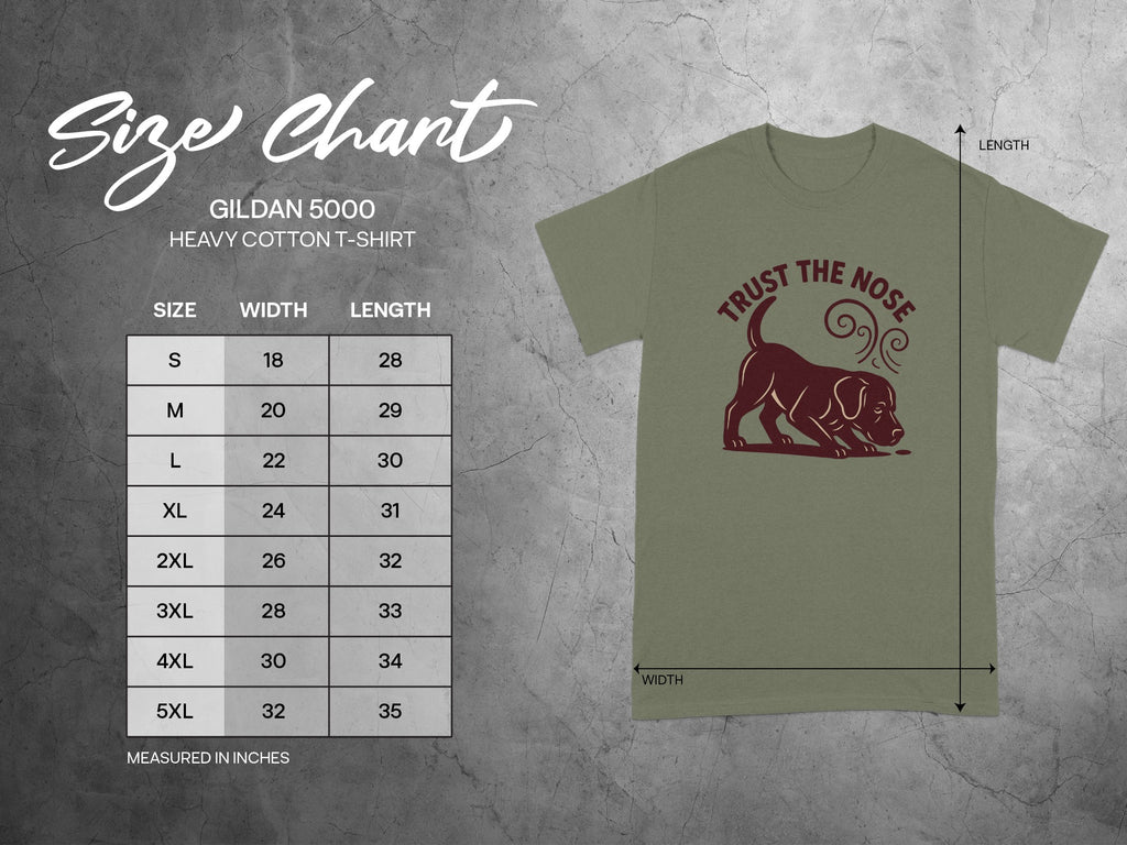 Gildan 5000 heavy cotton t-shirt size chart with dog graphic.