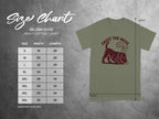 Gildan 5000 heavy cotton t-shirt size chart with dog graphic.