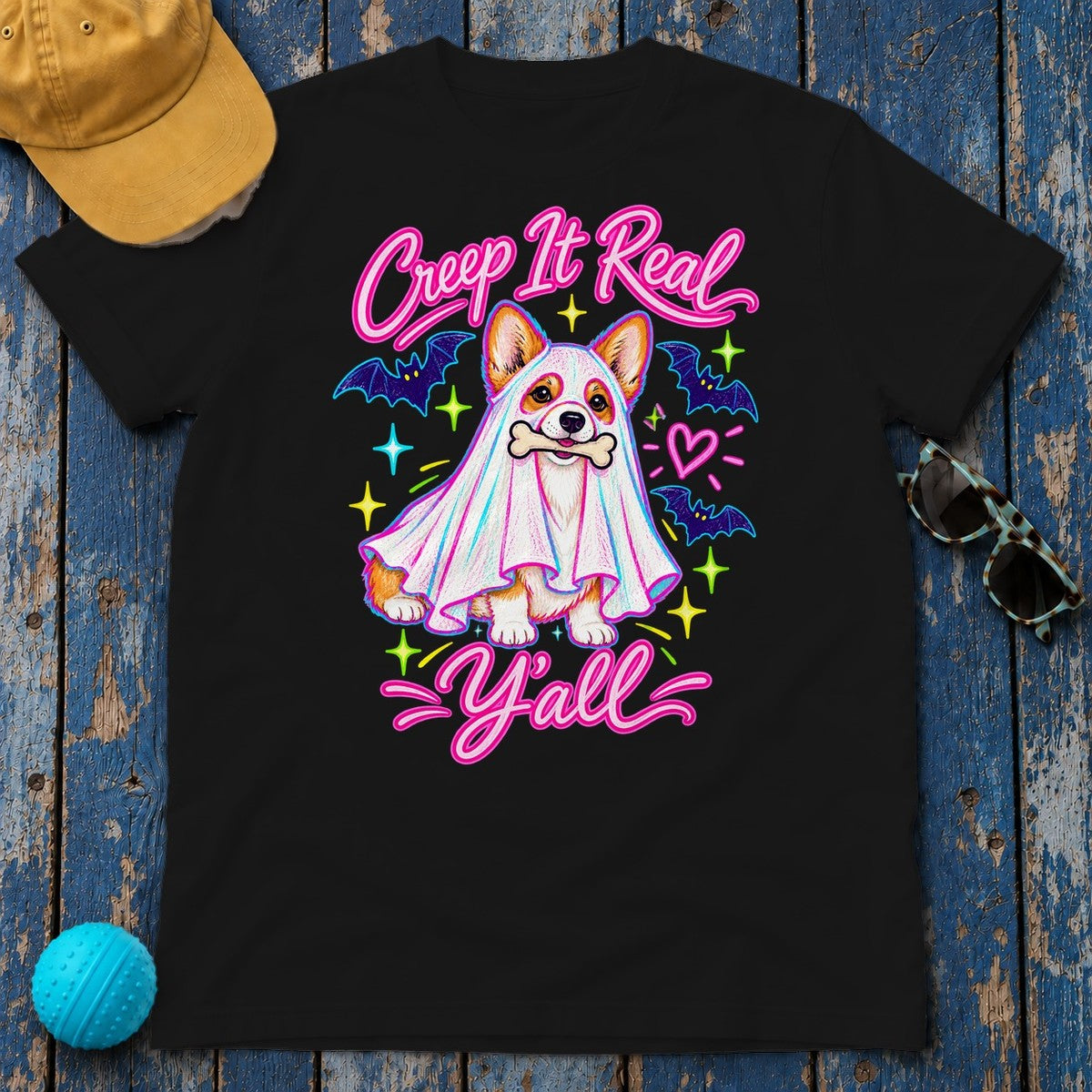 Corgi Creep It Real Halloween Ghost T-Shirt in Black