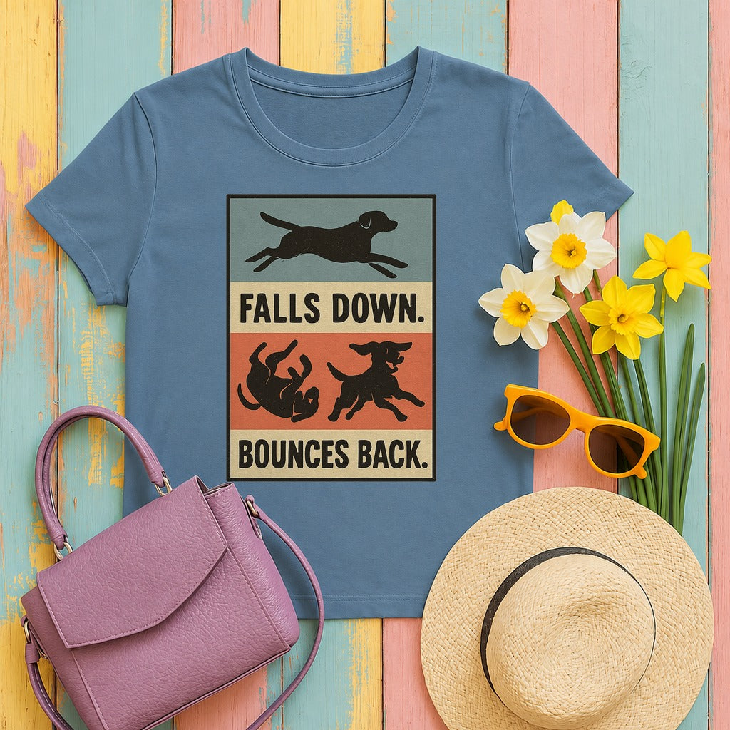Chocolate Lab Falls Down Bounces Back T-shirt in Steel Blue