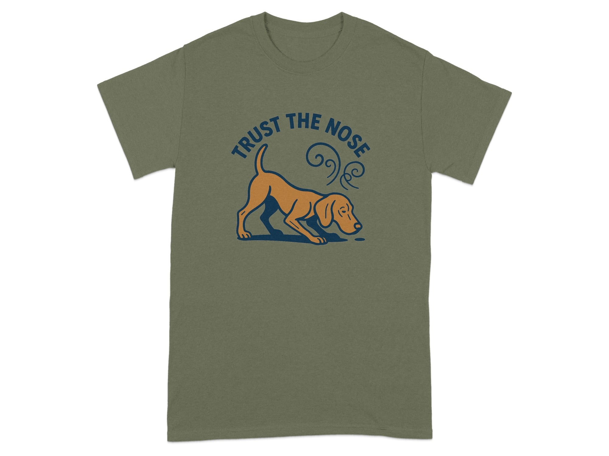 Green t-shirt with cartoon dog sniffing and text "TRUST THE NOSE".