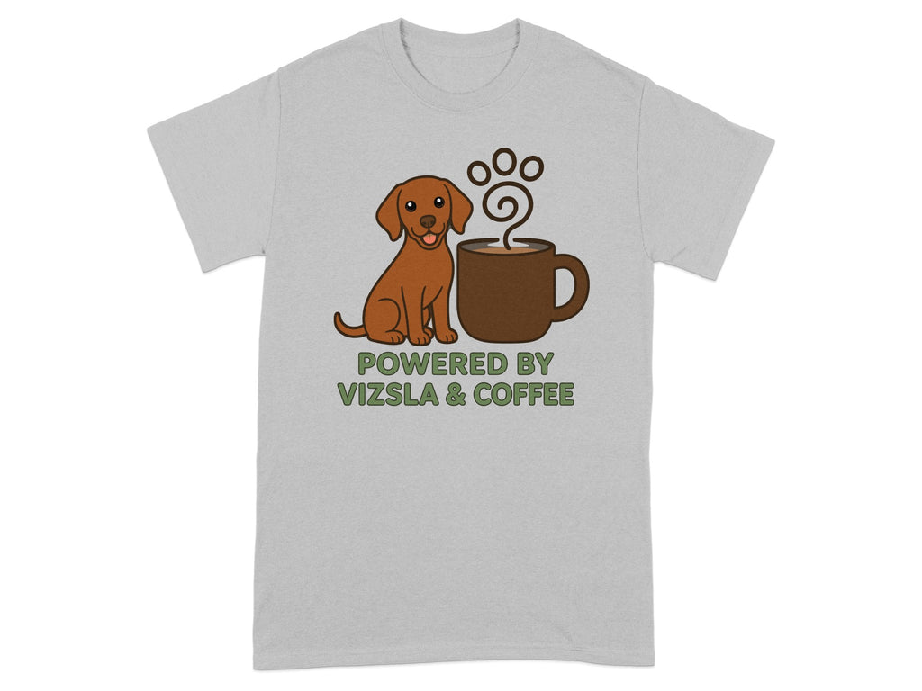 Brown Vizsla dog and coffee mug with paw print design.