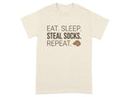 Cream t-shirt with "EAT. SLEEP. STEAL SOCKS. REPEAT." and a dog icon.