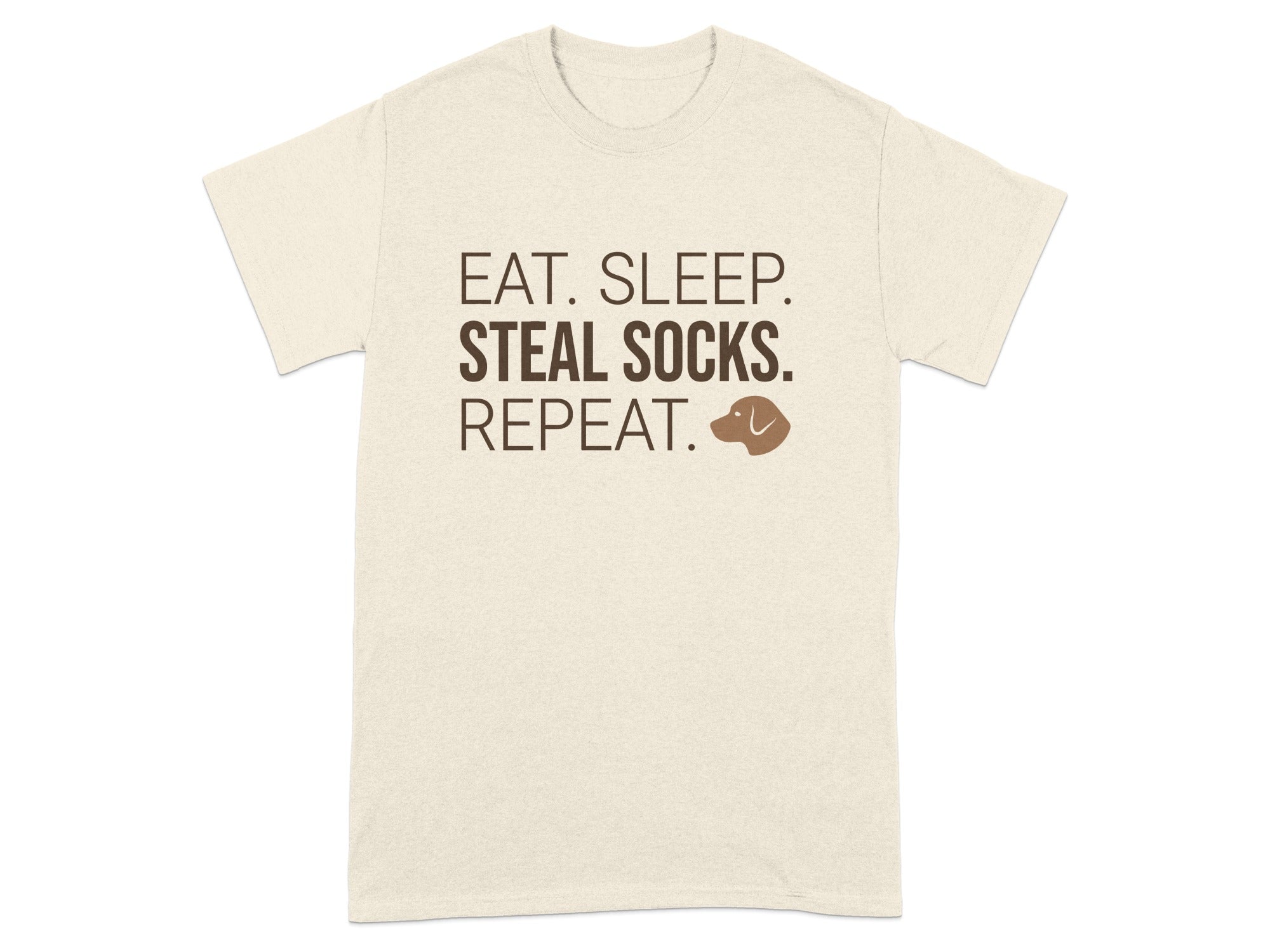 Cream t-shirt with "EAT. SLEEP. STEAL SOCKS. REPEAT." and a dog icon.