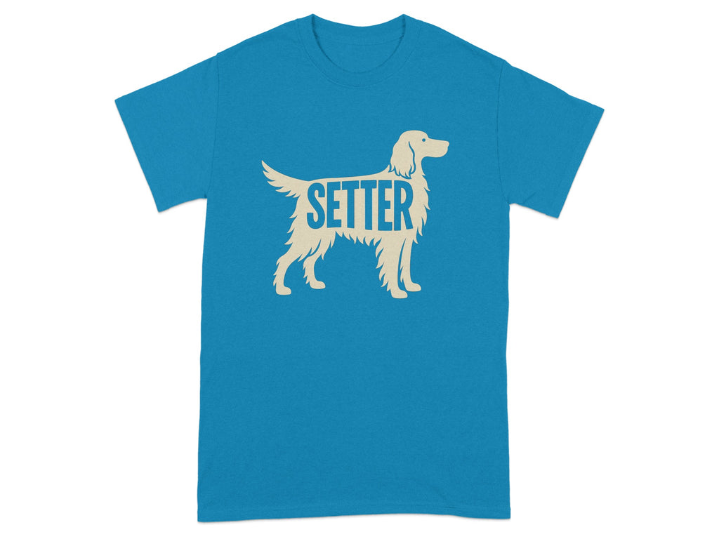 Teal t-shirt with a cream silhouette of a setter dog with the word "SETTER" integrated.