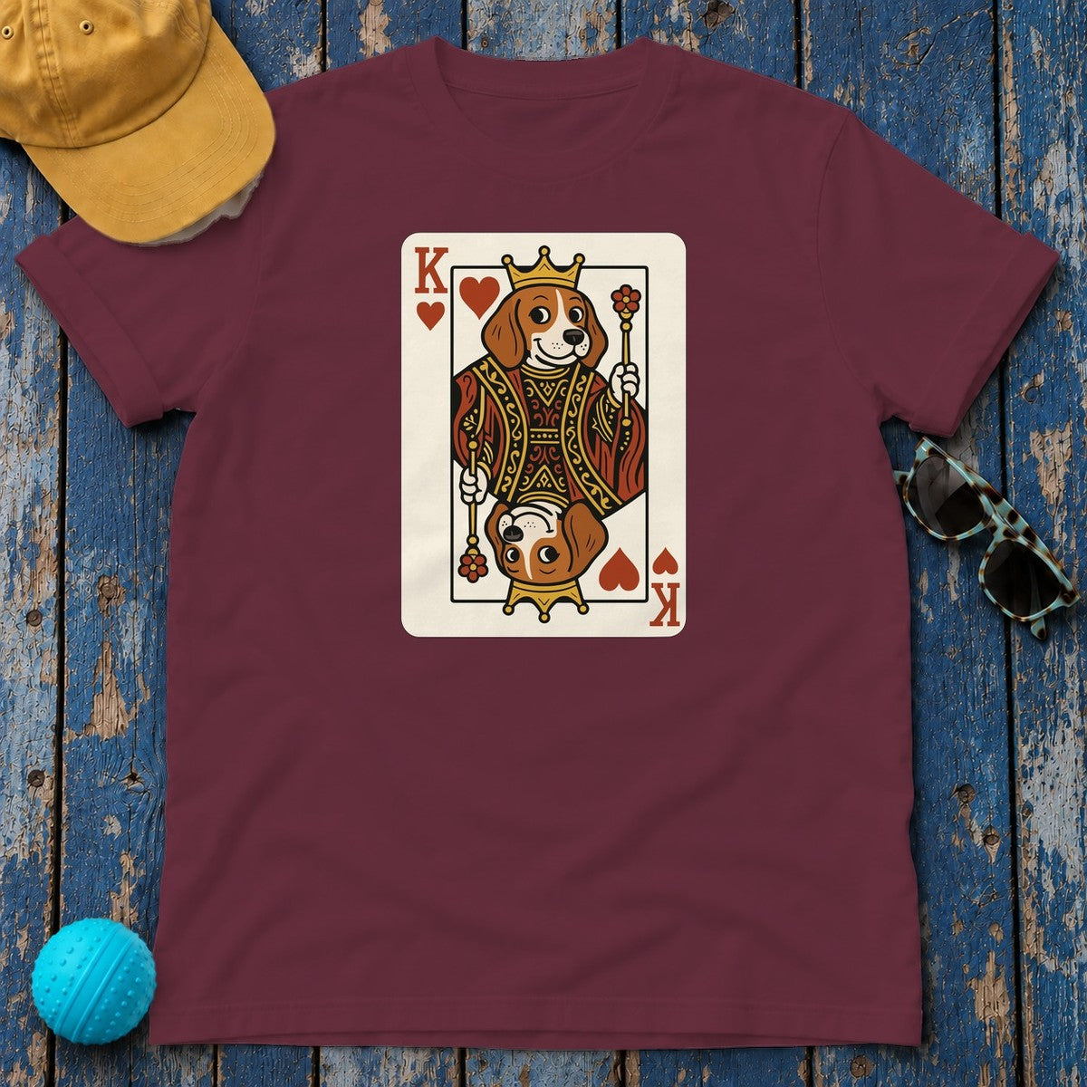 King Of Hearts Cute Beagle Playing Card Funny Deck T-Shirt in Maroon