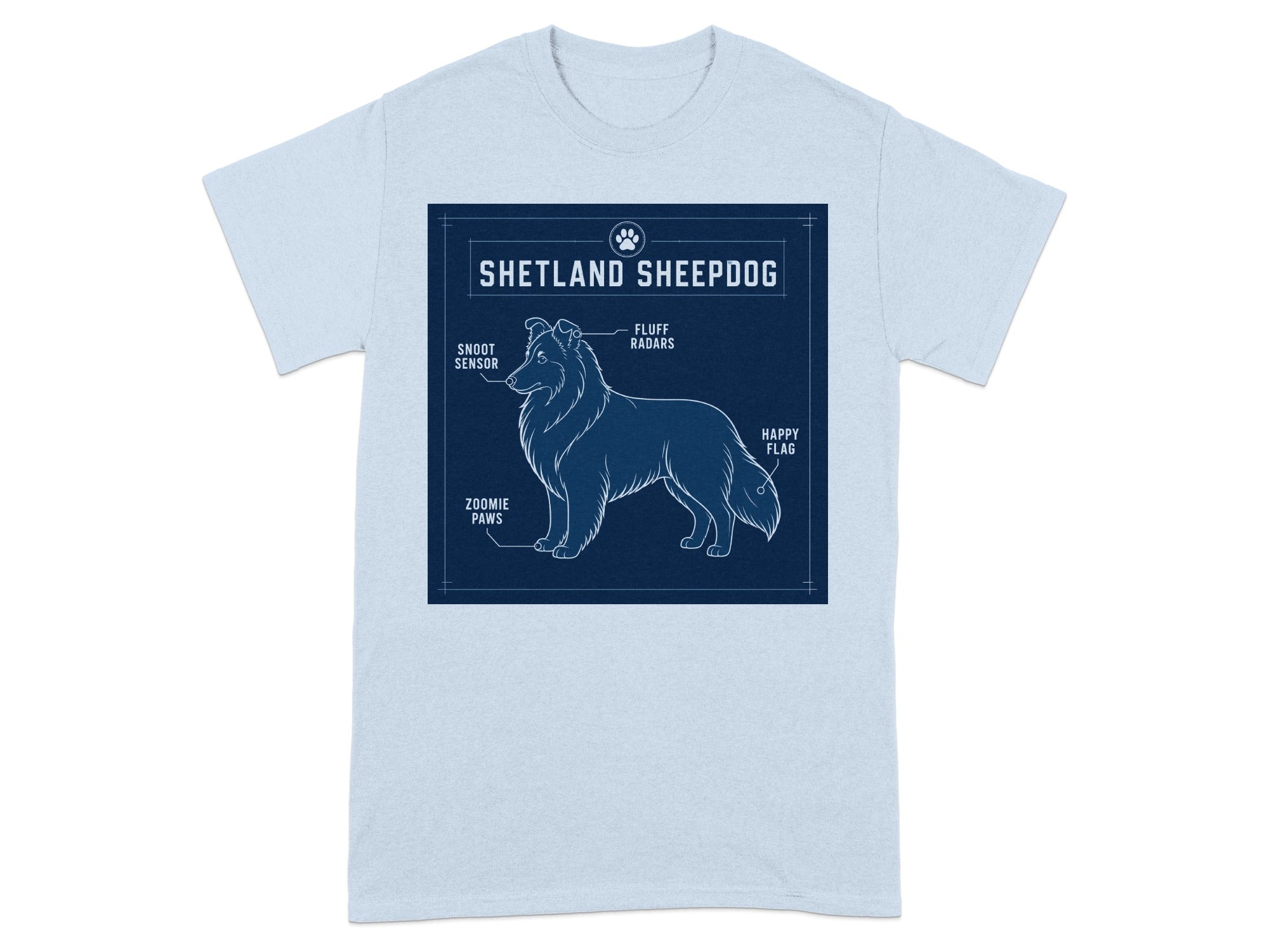 Blueprint diagram labeling parts of a Shetland Sheepdog on a t-shirt.