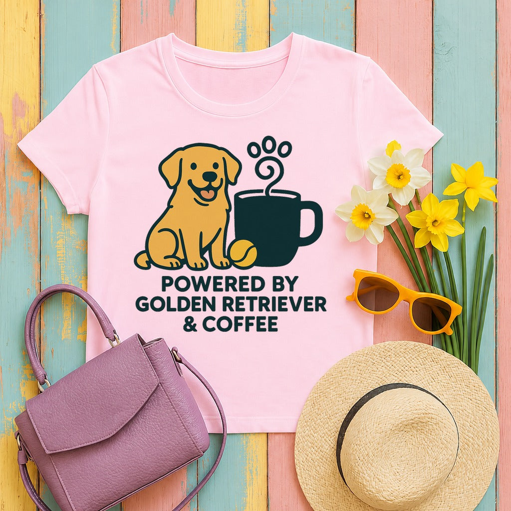 Golden Retriever & Coffee Power T-Shirt in Light Pink