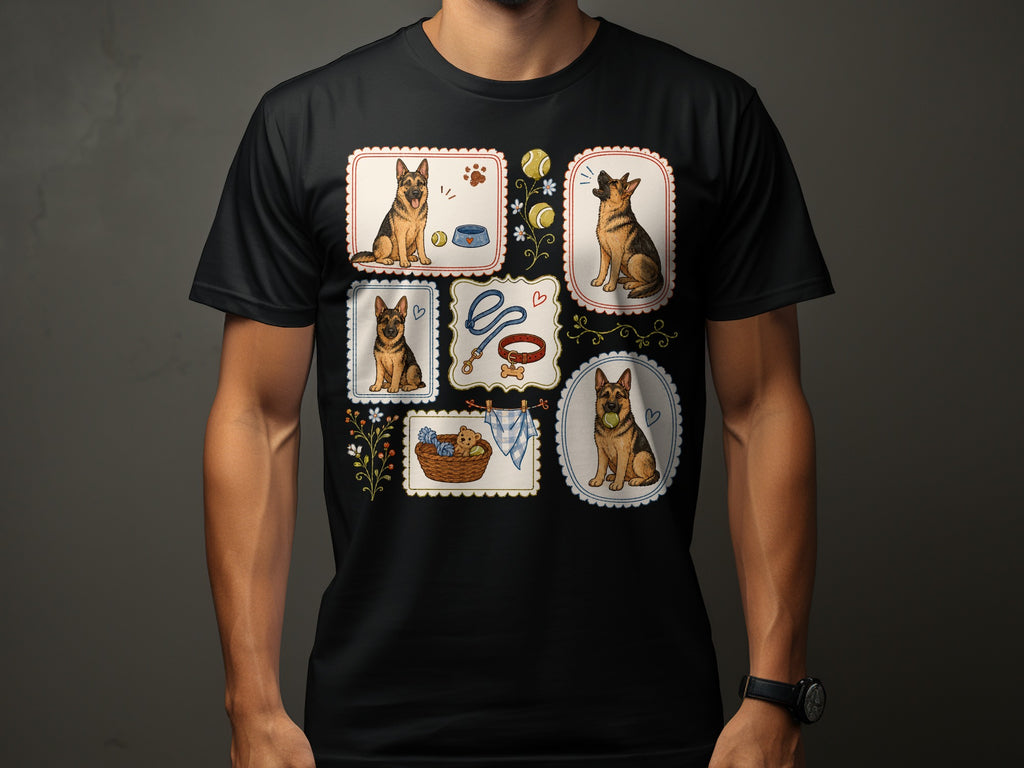 German Shepherd illustrations featuring dogs, balls, a leash, and a basket on a black t-shirt.