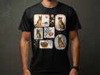 German Shepherd illustrations featuring dogs, balls, a leash, and a basket on a black t-shirt.