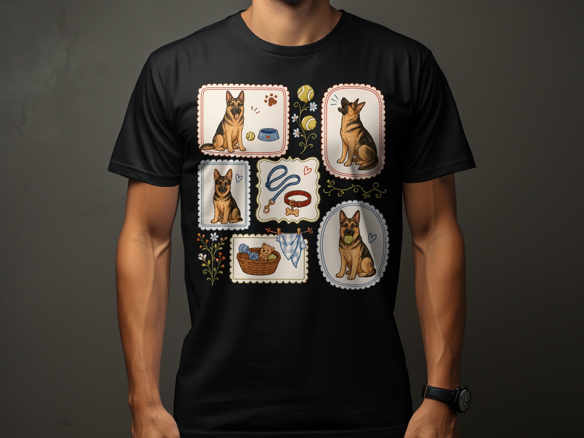 German Shepherd illustrations featuring dogs, balls, a leash, and a basket on a black t-shirt.