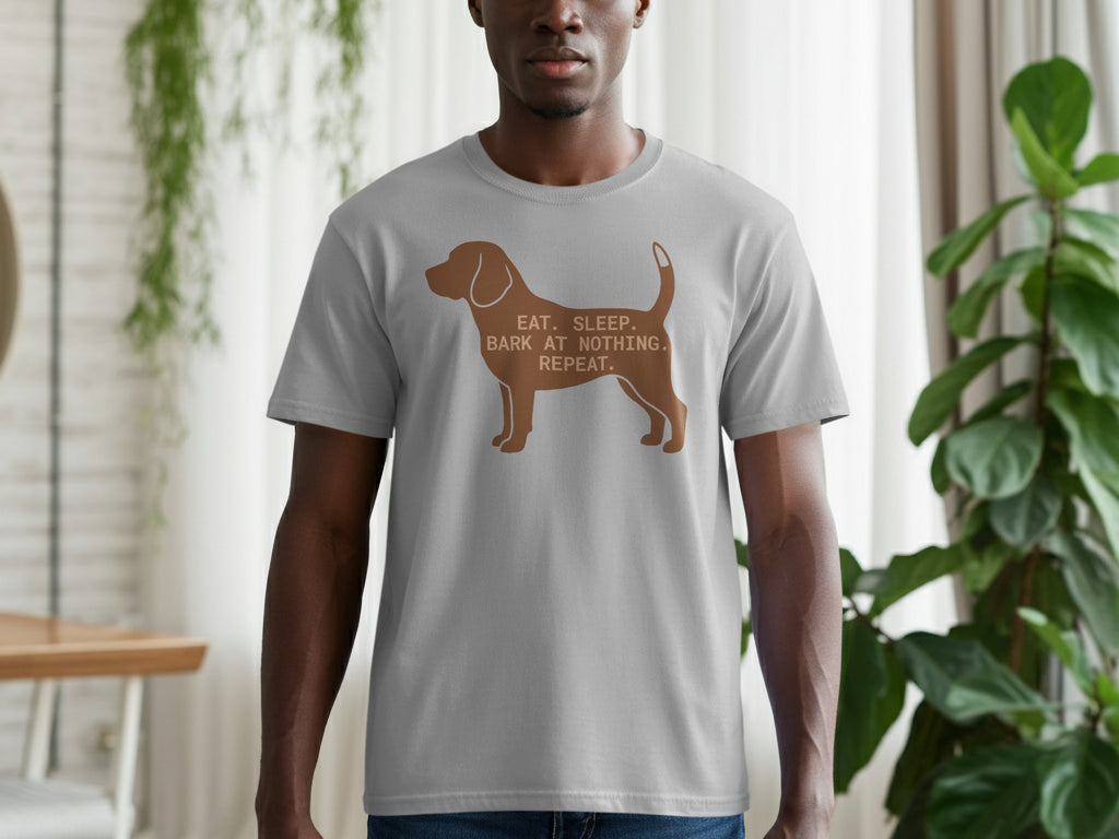 Grey t-shirt with dog silhouette and text: "Eat. Sleep. Bark at Nothing. Repeat."