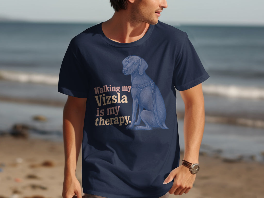 Navy t-shirt with blue Vizsla graphic and text: "Walking my Vizsla is my therapy."
