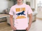 Light pink t-shirt with "WORK ETHIC WITHOUT BOUNDARIES" text and a running dog graphic.