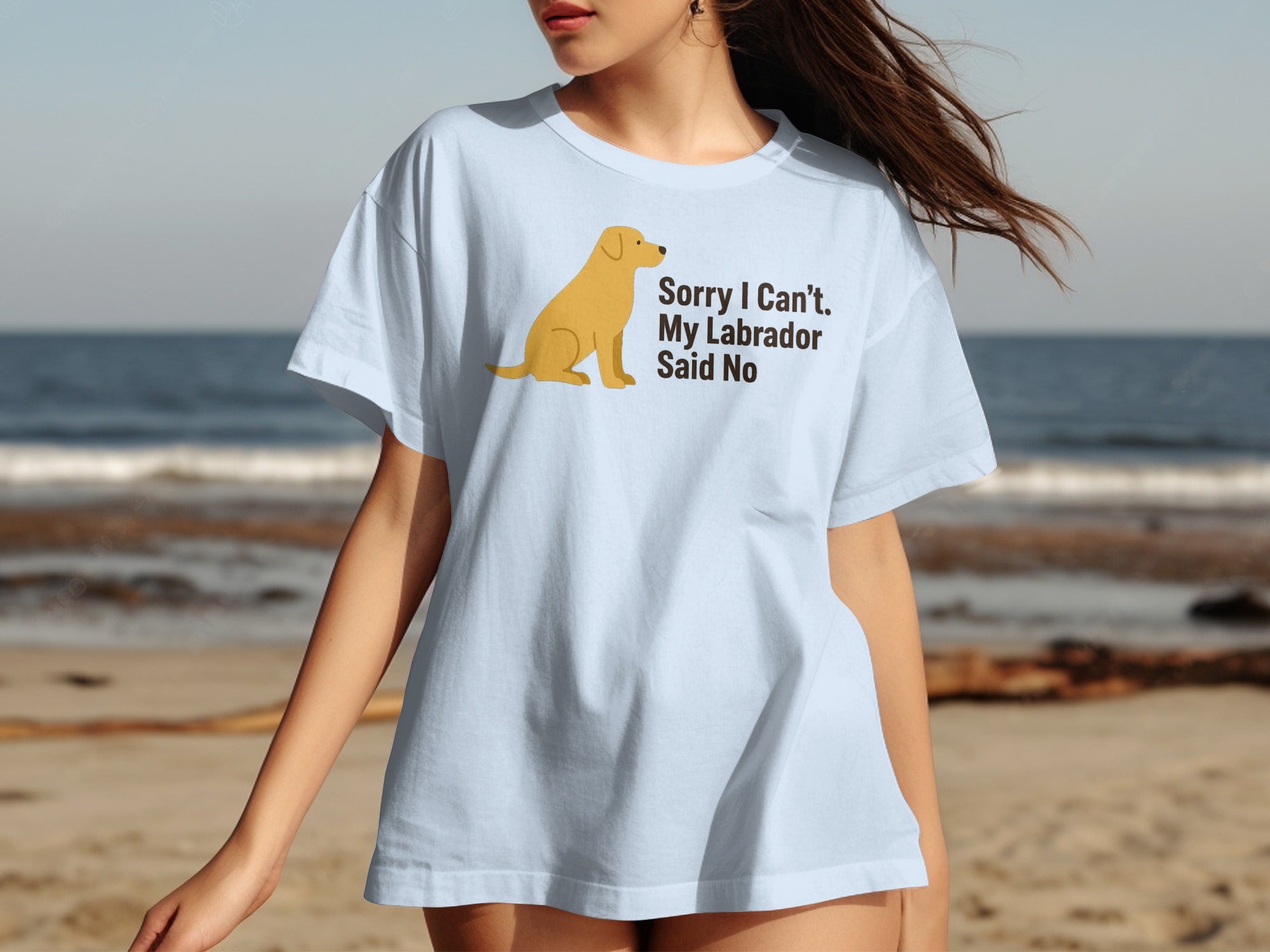 Light blue t-shirt with a yellow Labrador and text: Sorry I Can't. My Labrador Said No.