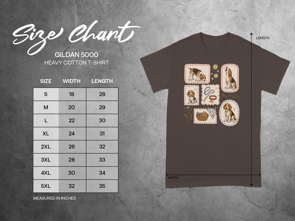 Gildan 5000 heavy cotton t-shirt size chart with dog stamp graphics.