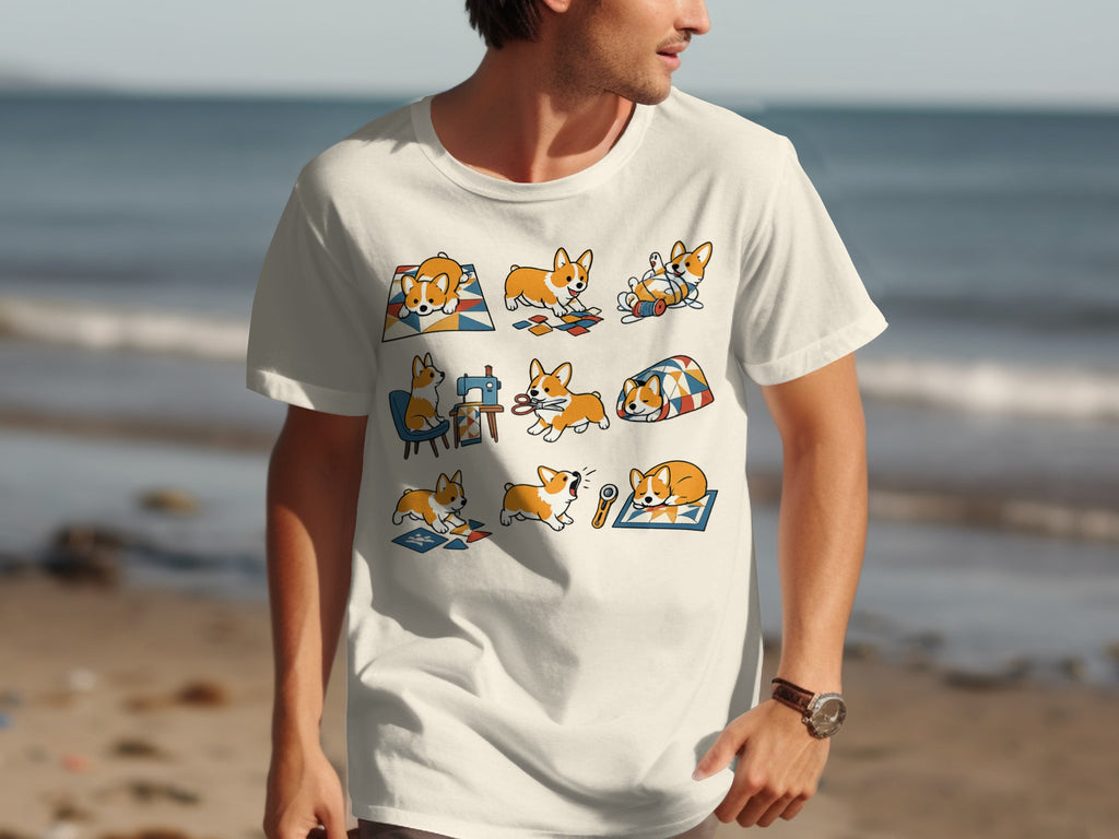 Cream t-shirt with nine illustrations of a corgi sewing and playing with fabric.