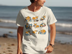 Cream t-shirt with nine illustrations of a corgi sewing and playing with fabric.