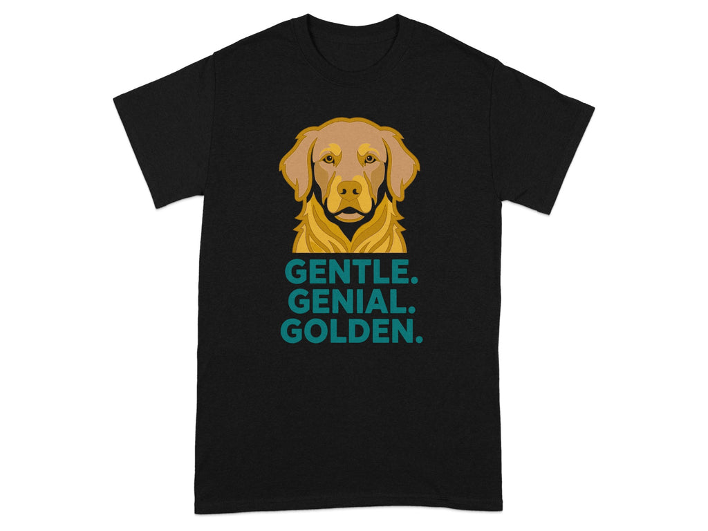 Black t-shirt featuring a golden retriever portrait and text "GENTLE. GENIAL. GOLDEN."